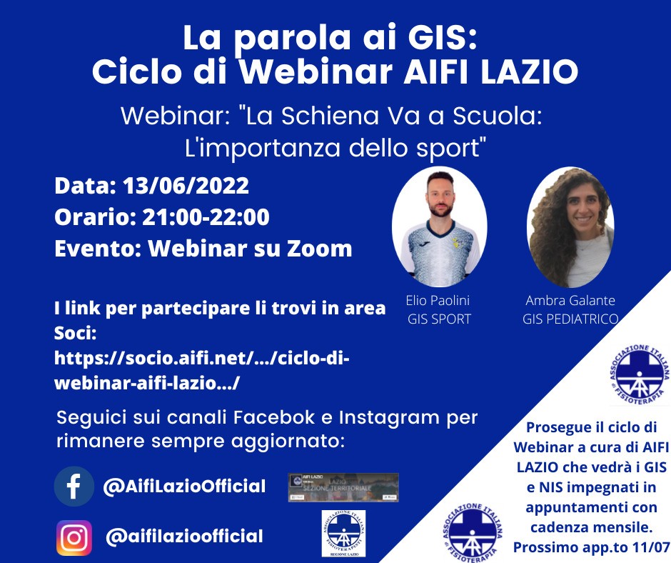 LUNEDÌ 13/06 H 21:00 CICLO DI WEBINAR AIFI LAZIO: LA PAROLA AI GIS