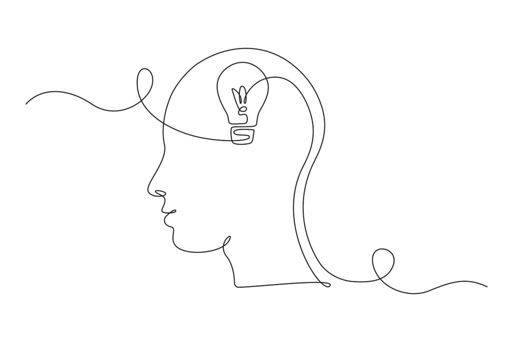 lightbulb in head in one single line drawing for logo, emblem, web banner, presentation. simple creative idea and imagine concept. vector illustration
