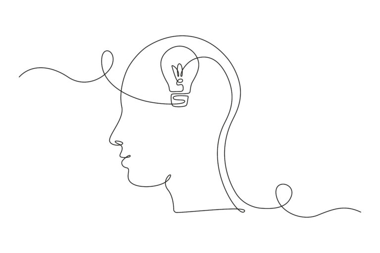 lightbulb in head in one single line drawing for logo, emblem, web banner, presentation. simple creative idea and imagine concept. vector illustration