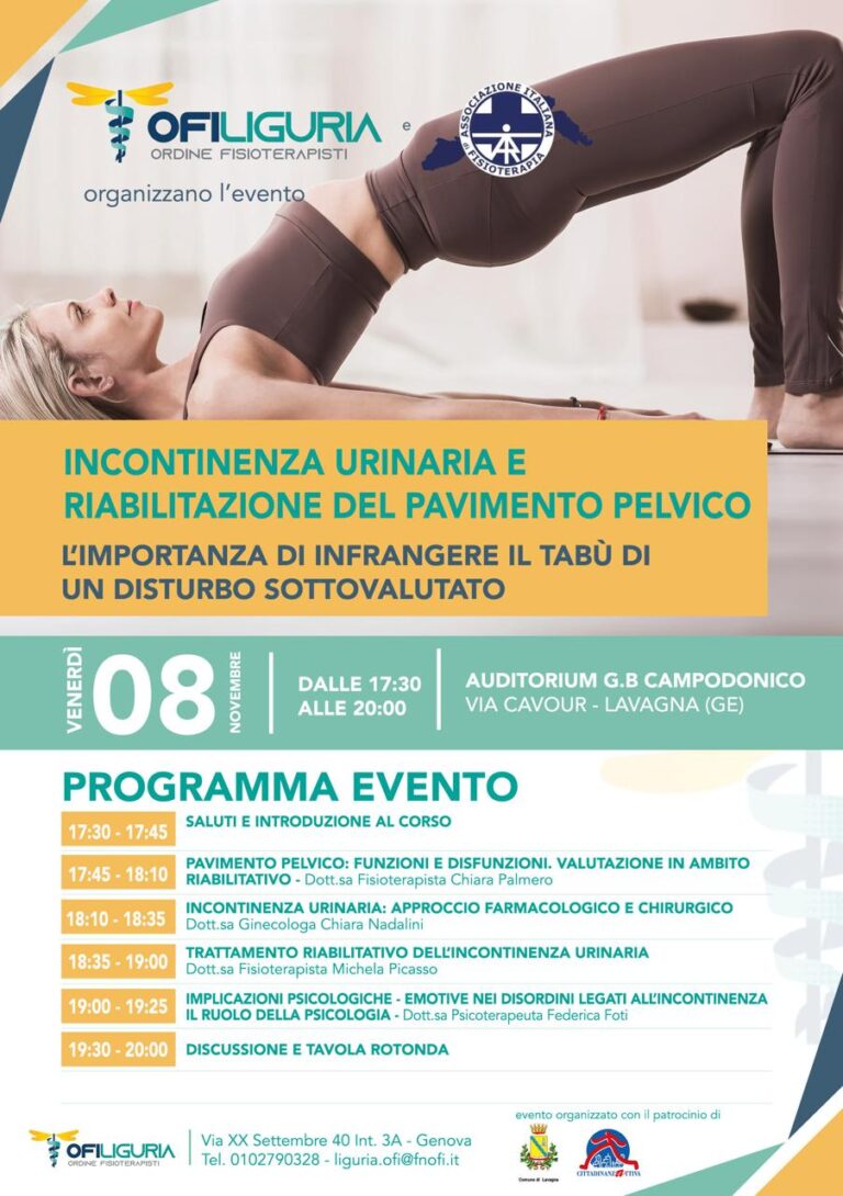 AIFI Course – “Incontinenza urinaria e riabilitazione del pavimento pelvico” – venerdì 8 novembre 2024, Lavagna (GE).