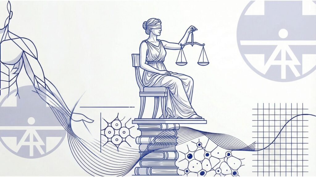 immagine stilizzata della dea bendata con la bilancia, loghi AIFI sullo sfondo e altre figure stilizzate